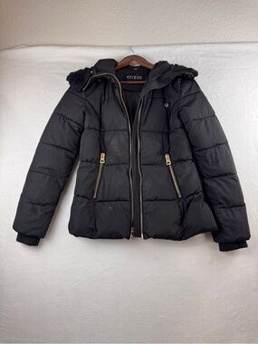 GUESS Black Quilted Puffer Jacket XS | Hooded Gold Zip Coat